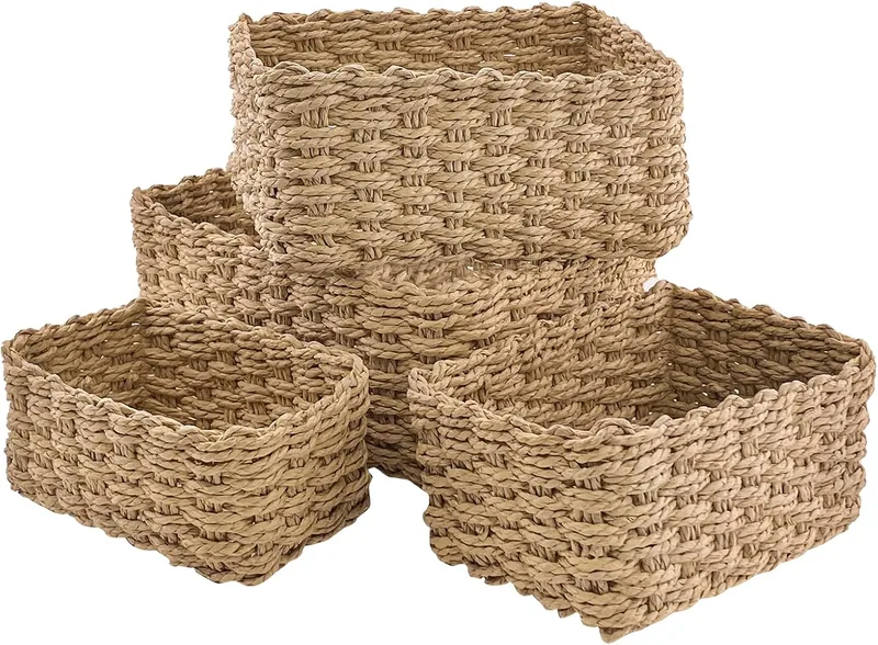 anshuke ▫️ Conjunto de 4 cestos para arrumação Gavetas organizadoras Gavetas para arrumação da casa de banho Cestos para arrumação da roupa Cestos de Natal Cordão de papel reciclável vazio, para acessórios de maquilhagem, brinquedos, cozinha (amarelo)
