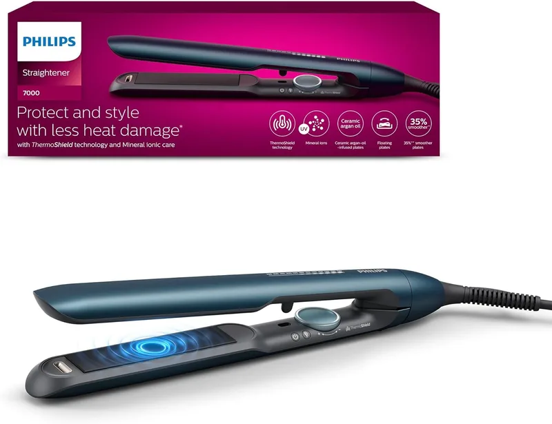 PHILIPS ▫️ Alisador de cabelo série 7000 com tecnologia ThermoShield, iões, placas flutuantes com 105 mm de comprimento e óleo de argão, 50% mais rápido, BHS732/00, azul