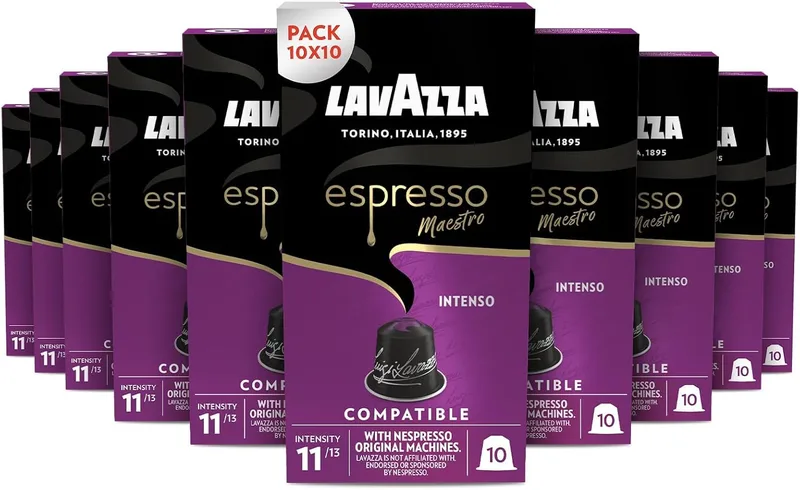 Lavazza ▫️ Espresso Maestro Intenso, Cápsulas de café compatíveis com máquinas Nespresso Original, com notas de bolachas, Arábica e Robusta, intensidade 11/13, torra média, 10 embalagens de 10 cápsulas
