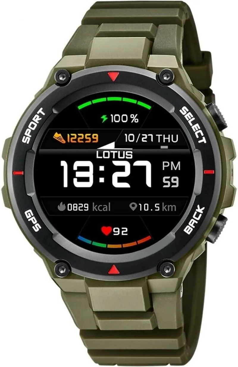 LOTUS ▫️ Relógio Inteligente para Homem - Smartwatch em Borracha - Estilo Militar - Resistente à Água IP65 50024 - GPS, Controlo de Música, Contador de Passos e Calorias, Multidesportivo, Frequência Cardíaca e Pressão