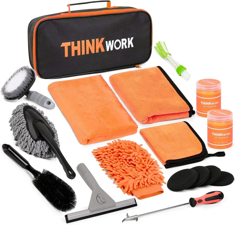 THINKWORK ▫️ Conjunto de limpeza para automóvel, conjunto de lavagem de automóvel, conjunto de 17 peças para cuidados com o automóvel, para limpeza interior e exterior, painel de instrumentos, grelha de ventilação, motor, rodas