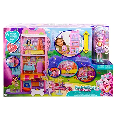 Enchantimals ▫️ City Tails: Apartamento do Palmer Pomeranian e do Pommy SIOC – Casa de bonecas de 3 andares com boneco, cachorrinho de estimação, mobiliário e acessórios, brinquedo de oferta – a partir dos 4 anos (Mattel HHC18) 6