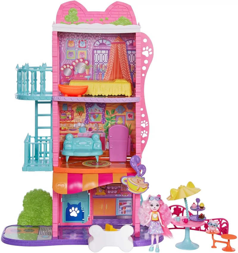 Enchantimals ▫️ City Tails: Apartamento do Palmer Pomeranian e do Pommy SIOC – Casa de bonecas de 3 andares com boneco, cachorrinho de estimação, mobiliário e acessórios, brinquedo de oferta – a partir dos 4 anos (Mattel HHC18)
