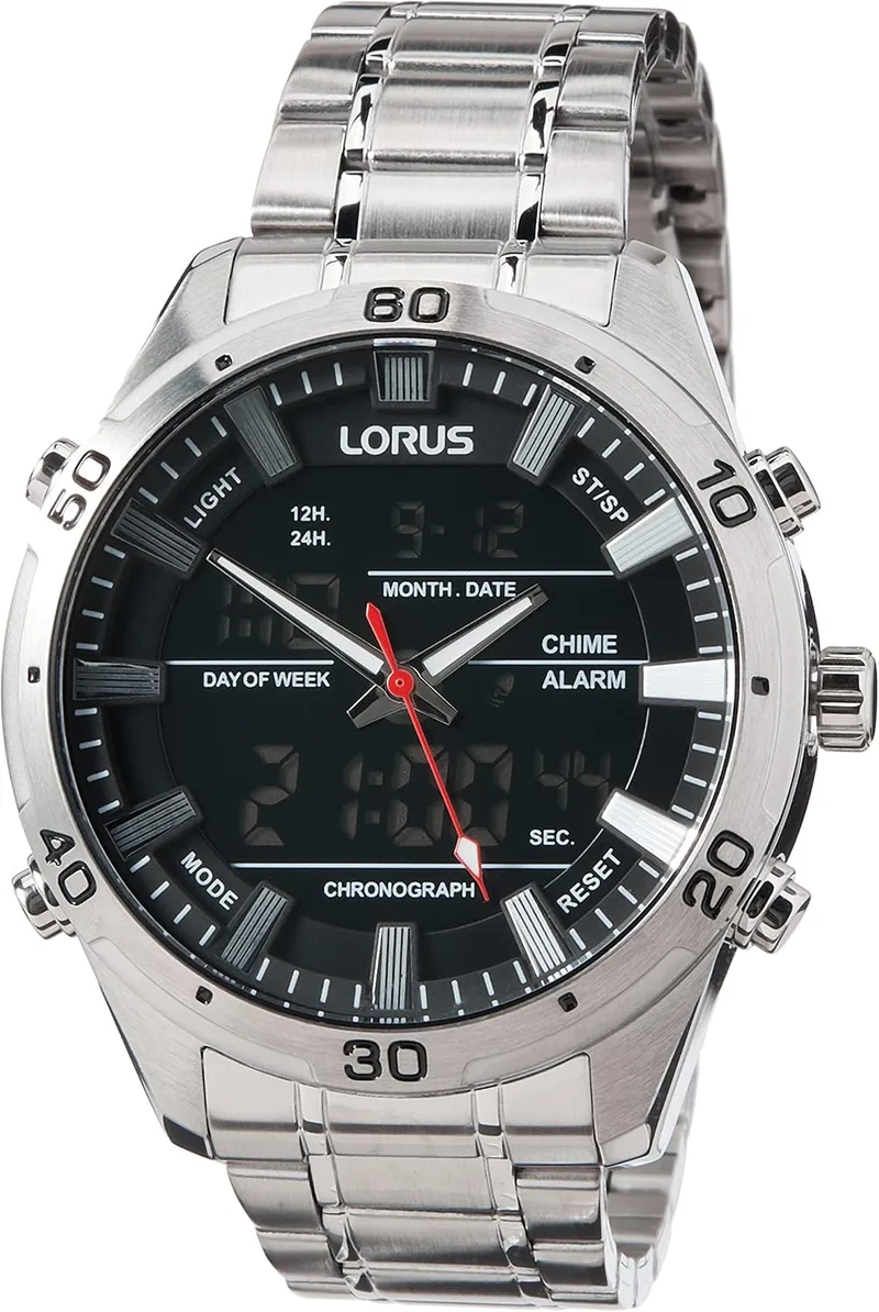 Lorus ▫️ RW651AX9 - Relógio de Quartzo Analógico e Digital para Homem com Bracelete em Metal, Prateado, Bracelete