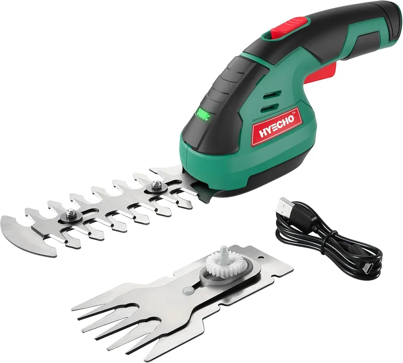 HYECHO ▫️ Cortador de relva e corta-sebes, 7,2 V 2000 mAh, 2 lâminas e cabo Bateria tipo C Tesoura de cortador de relva Adequada para mondar e aparar árvores