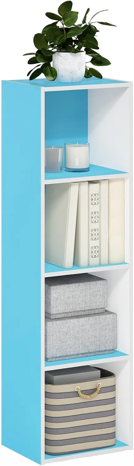 Furinno ▫️ Pasir 4-Tier Open Bookcase Prateleiras abertas, Branco/Azul claro