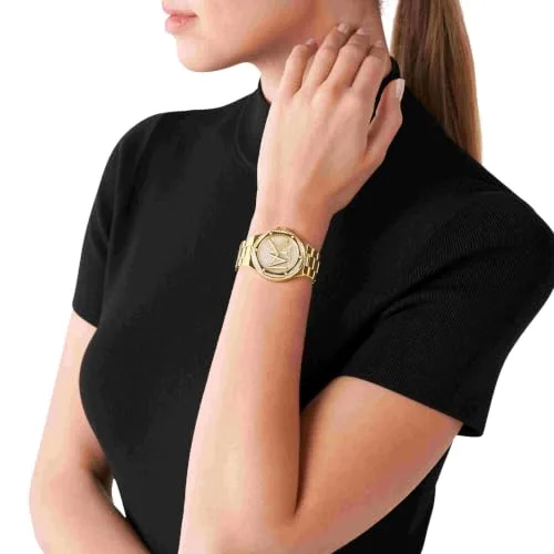 Michael Kors ▫️ Relógio Lennox para mulher, movimento de quartzo com três ponteiros em tom dourado e bracelete em aço inoxidável 2