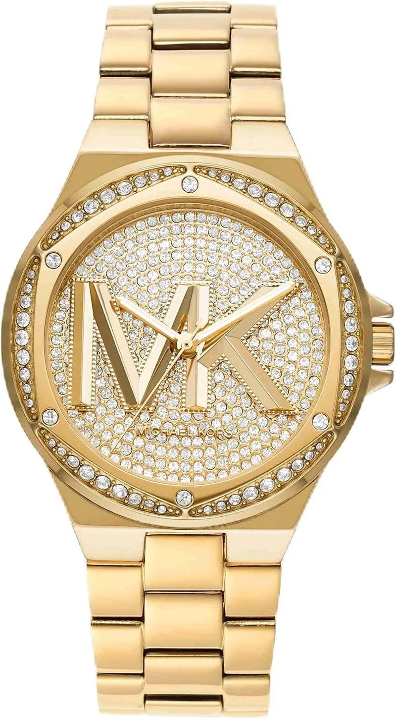 Michael Kors ▫️ Relógio Lennox para mulher, movimento de quartzo com três ponteiros em tom dourado e bracelete em aço inoxidável