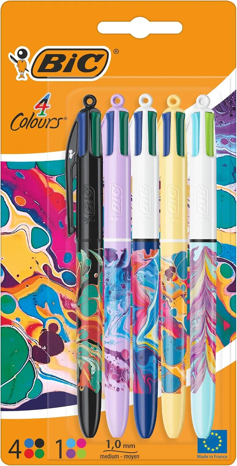 BIC ▫️ Canetas Decor, Embalagem com 5 canetas de 4 cores com design «Botanical» sortido e tinta azul, verde, vermelha e preta, Canetas de 1,0 mm