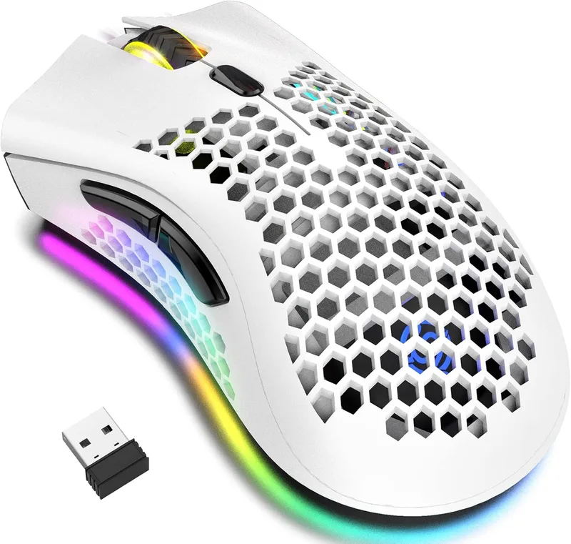 JYCSTE ▫️ Rato sem fios para jogos, rato de computador com tabuleiro em forma de favo de mel, 7 botões programáveis, 3 DPI ajustáveis, recetor USB, PC e Mac, preto (branco)