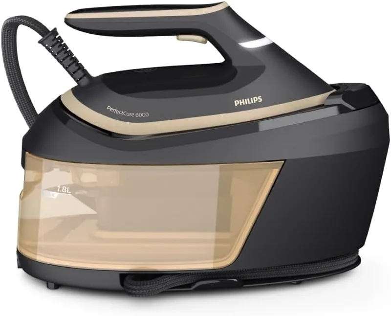 Philips ▫️ Centro de engomar a vapor PerfectCare Série 6000 - 2400 W, saída de vapor de 600 g, pressão de 8 bar, tecnologia OptimalTEMP, depósito de água de 1,8 litros, preto (PSG6064/80)