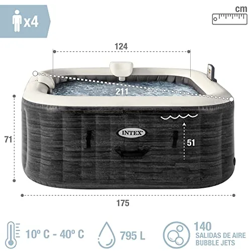 Intex ▫️ 55090 - Spa insuflável para uso exterior e interior para 4 pessoas, dimensões 175 x 175 cm, capacidade de 795 litros, temperatura da água 10 °C – 40 °C, spa insuflável, banheira 5