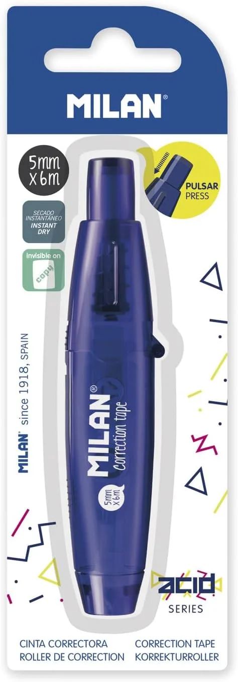 MILAN ▫️ Blister com botão de pressão Fita de correção de 5 mm x 6 m Série Acid, azul