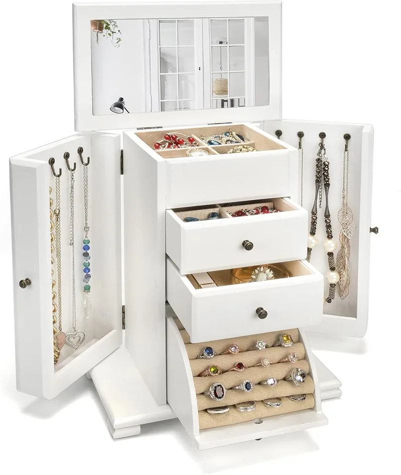 Emfogo ▫️ Caixa de jóias para mulher, caixas e organizadores rústicos de madeira para jóias com espelho, organizador de jóias de 4 camadas para anéis, brincos, colares, pulseiras (branco envelhecido)