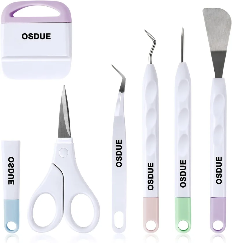 OSDUE ▫️ Conjunto de 6 peças de ferramentas de vinil, acessórios para plotter, conjunto de ferramentas para trabalhos manuais, ferramentas para plotter destinadas a remoção de excessos, Silhouette, HTV, Cameos, letras (cores «Macarrón»)
