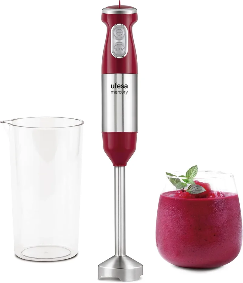 Ufesa ▫️ Batedeira de mão BP3500 Mercury, 1000 W, função turbo, 4 lâminas, design ergonómico e anti-salpicos, cor vermelha, copo medidor incluído, sem BPA