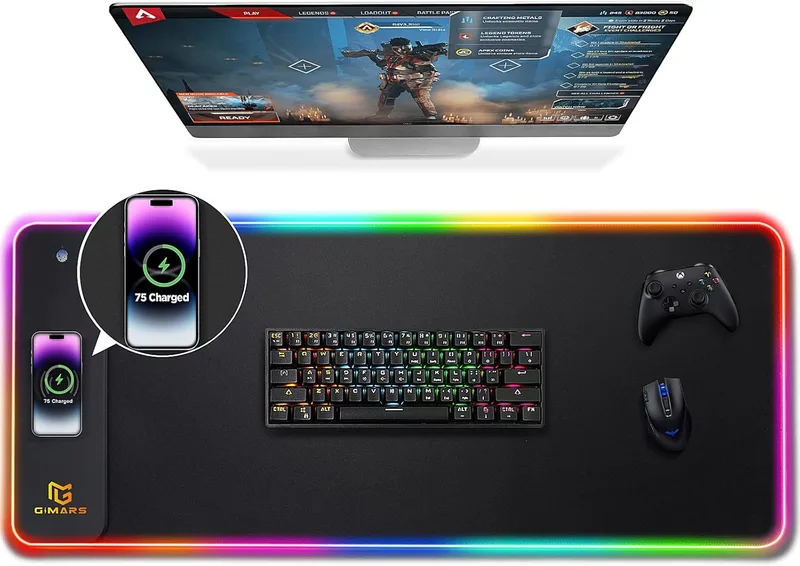 Gimars ▫️ RGB Gaming Mousepad com carregamento sem fios de 15W, 800×300mm XXL Mousepad com 10 modos de iluminação LED, tapete de rato à prova de água com base antiderrapante para jogadores, secretária de escritório