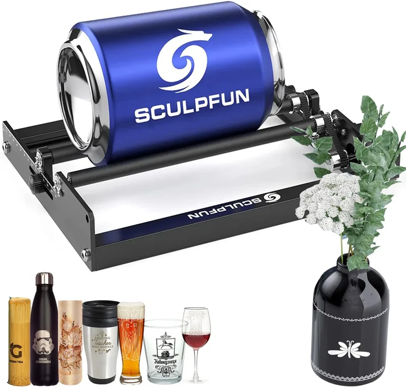 SCULPFUN ▫️ Rolo rotativo para laser, máquina de gravação com rotação de 360° para objectos cilíndricos, compatível com a maioria dos gravadores