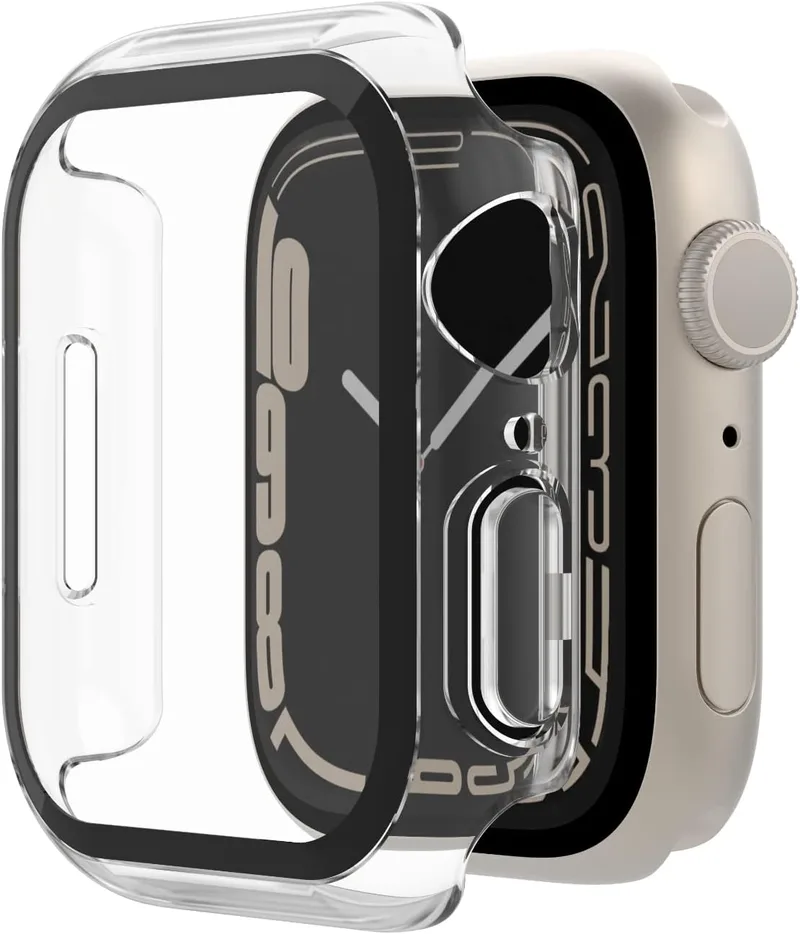 Belkin ▫️ Capa ScreenForce para Apple Watch de 40 mm, 41 mm, Série 8, SE, 7, 6, 5 e 4, com borda elevada e protetor de ecrã TemperedGlass integrado, resistente a riscos e de fácil instalação - Transparente