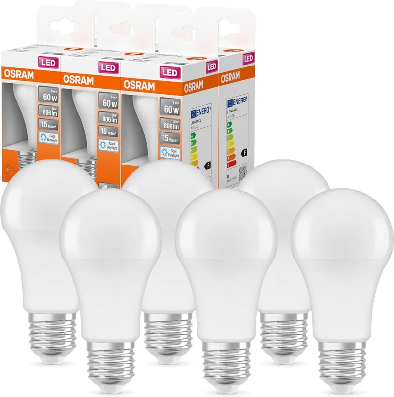 OSRAM ▫️ Lâmpada LED com casquilho E27, luz do dia (6500K), forma de lâmpada clássica, 8,5W, substituição de lâmpada de 60W, fosca, LED Retrofit CLASSIC A, embalagem de 6