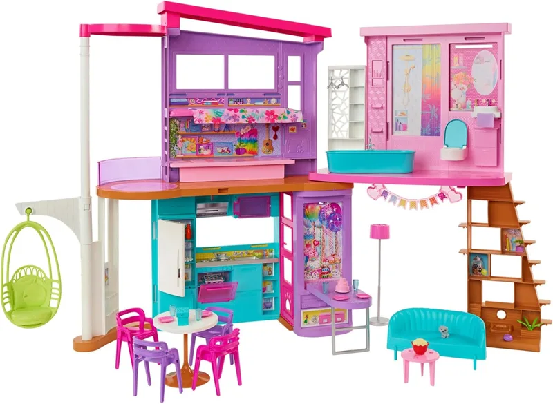 Barbie Casa Malibu Casa de bonecas dobrável de 2 andares com 6 divisões e móveis, inclui 30 acessórios, brinquedo de oferta +3 anos (Mattel HCD50)