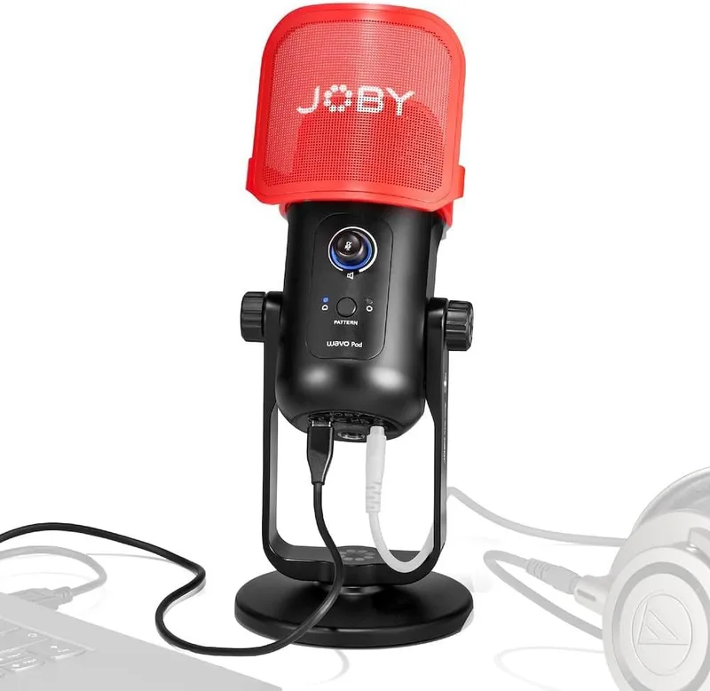 JOBY ▫️ Microfone de condensador Wavo POD USB para PC, Streaming, Podcast, Controlos de silenciamento e de melhoria, Monitorização em direto, Plug & Play para PC e Mac, Microfone ASMR, Microfones de condensador