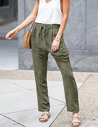 Yuson Girl ▫️ Calças casuais para mulher em linho e algodão, de cintura alta com elástico, calças de verão casuais, largas e compridas, para a praia, com bolsos e confortáveis 2