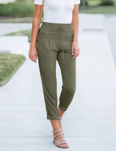 Yuson Girl ▫️ Calças casuais para mulher em linho e algodão, de cintura alta com elástico, calças de verão casuais, largas e compridas, para a praia, com bolsos e confortáveis 3