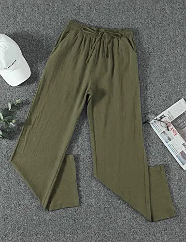Yuson Girl ▫️ Calças casuais para mulher em linho e algodão, de cintura alta com elástico, calças de verão casuais, largas e compridas, para a praia, com bolsos e confortáveis 5