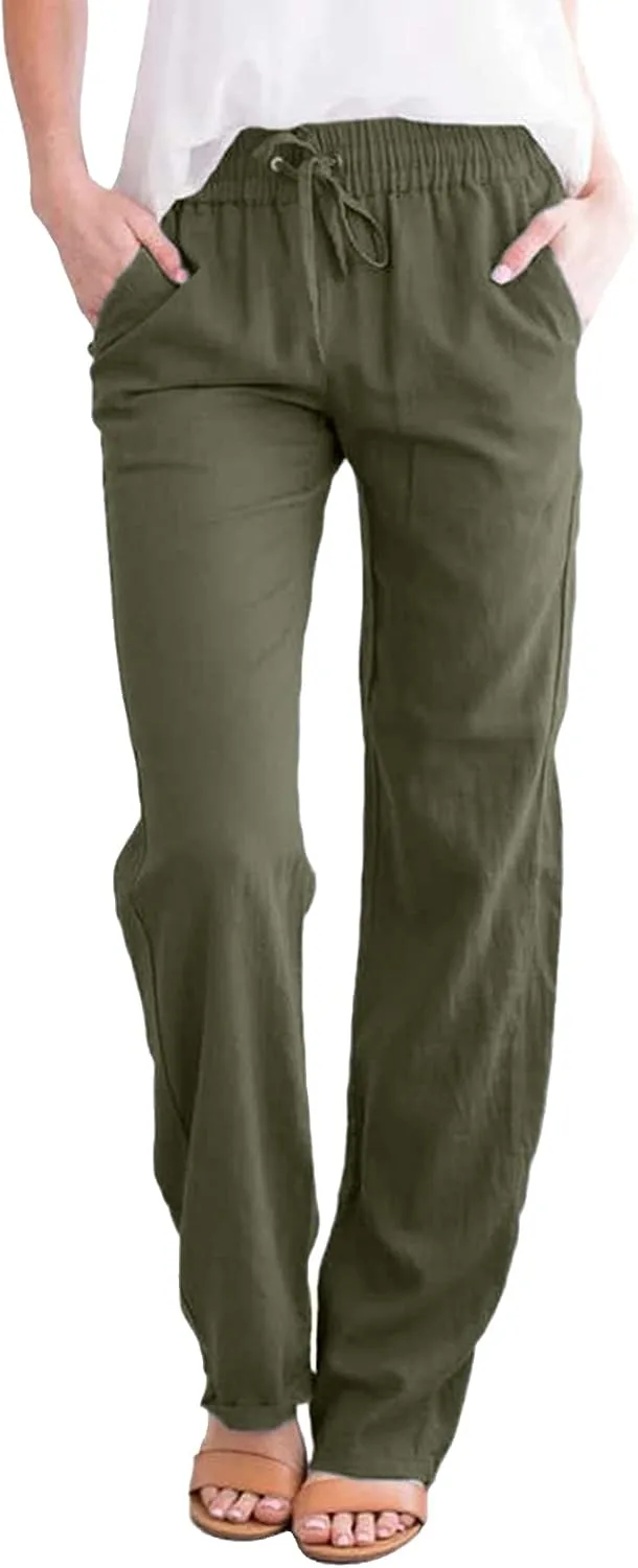 Yuson Girl ▫️ Calças casuais para mulher em linho e algodão, de cintura alta com elástico, calças de verão casuais, largas e compridas, para a praia, com bolsos e confortáveis