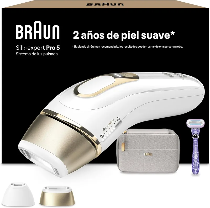 Braun ▫️ Depiladora Silk·expert Pro 5 com Luz Pulsada – Alternativa à depiladora a laser e IPL, com estojo, cabeça de precisão e máquina de barbear Venus, depilação em casa, PL5157, Branca/Dourada