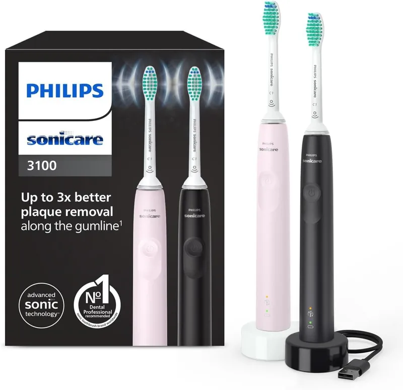 PHILIPS ▫️ Sonicare 3100, escova de dentes elétrica, escova de dentes sónica, sensor de pressão e temporizador, rosa chiclete e preto, embalagem dupla, HX3675/15