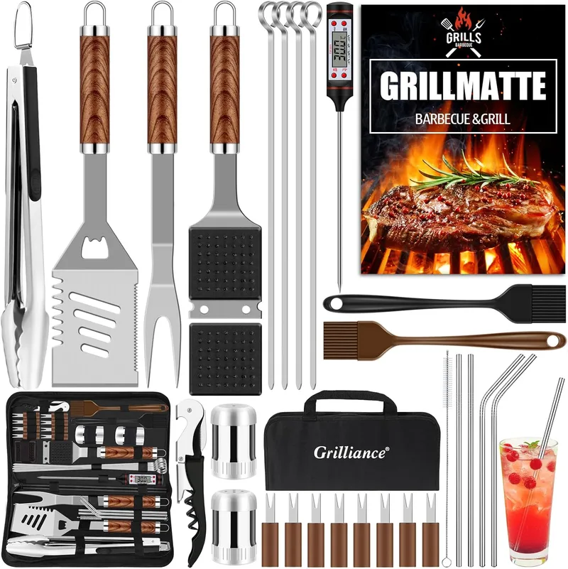 Grilliance ▫️ Conjunto de Utensílios para Churrasco de 30 Peças, Kit de Acessórios para Grelhador em Aço Inoxidável para Homens, Conjunto de Utensílios Profissionais para Grelhador com Saco de Transporte, castanho