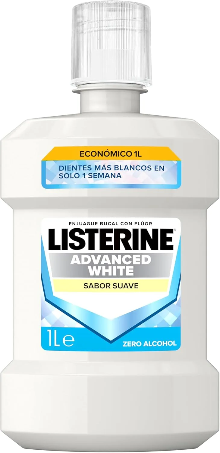 Listerine ▫️ Advanced White Sabor Suave (1 x 1 L), elixir bucal com 0% de álcool, elixir bucal sem álcool, elixir bucal branqueador de dentes para uma limpeza óptima