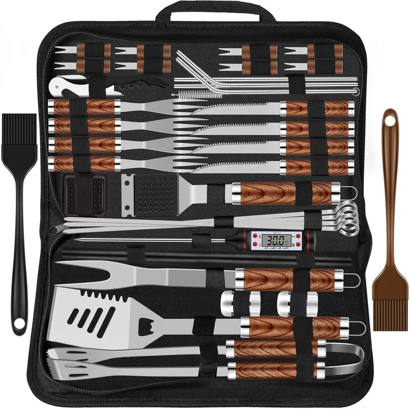 Grilliance ▫️ Conjunto de utensílios para churrasco com 38 peças, acessórios para grelhar em aço inoxidável para homem, kit profissional de ferramentas para churrasco com bolsa de transporte, castanho