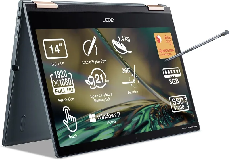 Acer ▫️ Spin 7 SP714-61NA-S79F – Portátil conversível de 14" Full HD (Qualcomm Kryo 495, 8 GB de RAM, SSD de 512 GB, Qualcomm Adreno 685, Windows 11 Home) Azul – Teclado QWERTY espanhol
