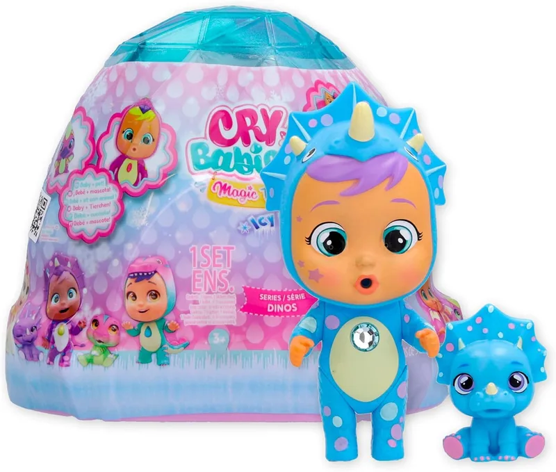 Cry Babies ▫️ BABIES CRYING TEARS MAGIC Icy World Dinos, Boneca Surpresa Colecionável Chorando Lágrimas Reais e Mascote Dinossauro, Prenda de Brinquedo para Rapazes e Raparigas +3 Anos