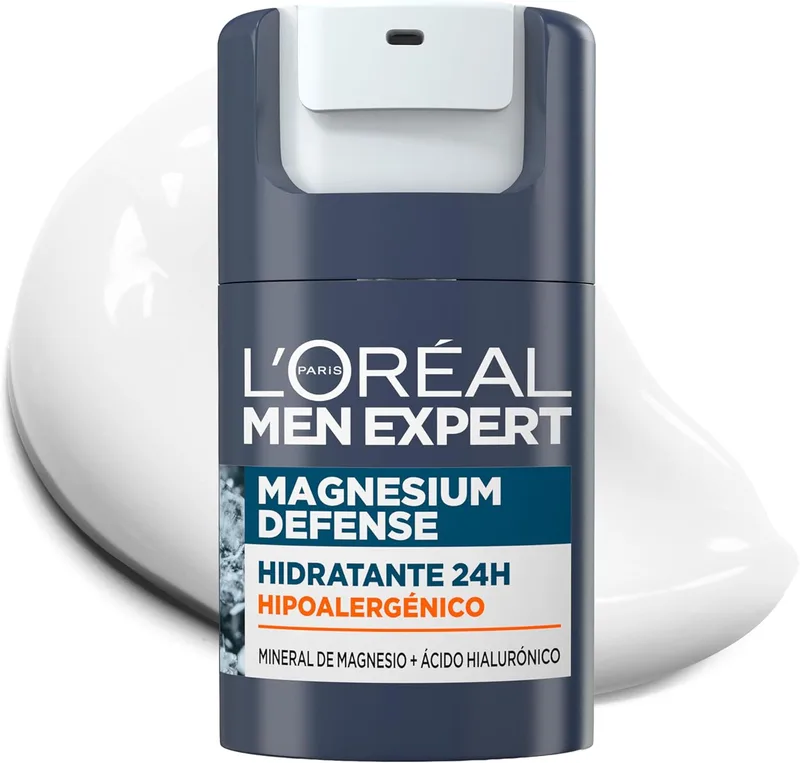 L'Oreal Paris ▫️ L'Oréal Men Expert, Creme de Rosto Hidratante 24H para Homem, Mineral de Magnésio Hipoalergénico + Ácido Hialurónico, Sem Álcool, Pele Sensível, 50 ml