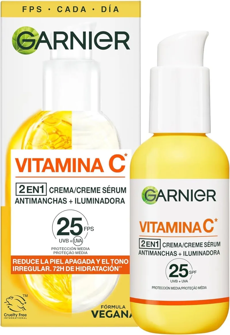 Garnier ▫️ Sérum Facial Antimanchas 2 em 1 com 20% de vitamina C e FPS 25, 50 ml