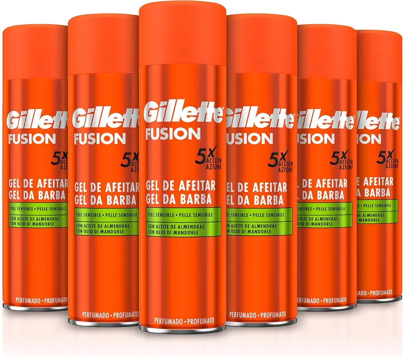 Gillette ▫️ Fusion Men's Shaving Gel for Sensitive Skin Action x 5, Pack 6 x 200 ml, com óleo de amêndoas, limpa, hidrata e protege