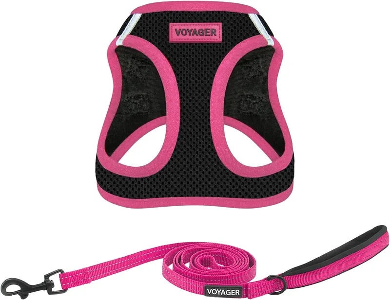Best Pet Supplies ▫️ Voyager Step-in Air - Arnês em malha para todos os tipos de clima e trela refletora de 5 pés com pega em neoprene, para cães pequenos, médios e grandes, com rebordo preto/rosa, tamanho S