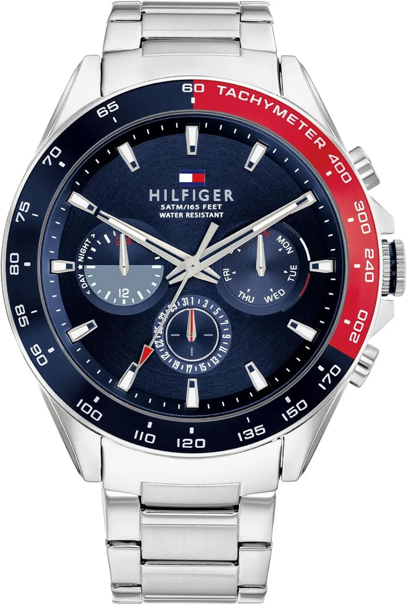 Tommy Hilfiger ▫️ Relógio analógico de quartzo multifunções para homem com bracelete em aço inoxidável prateado - 1791968