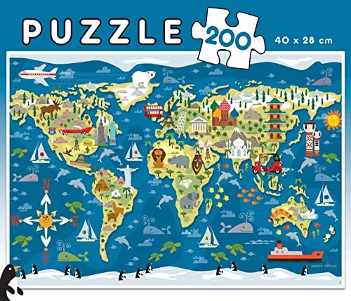 Educa ▫️ Mapamundi, Sean Sims | Puzzle infantil de 200 peças | Dimensões aproximadas, uma vez montado: 40 x 28 cm | Composto por peças grandes com acabamento perfeito | A partir dos 6 anos (19292) 2