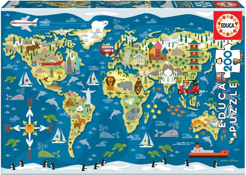 Educa ▫️ Mapamundi, Sean Sims | Puzzle infantil de 200 peças | Dimensões aproximadas, uma vez montado: 40 x 28 cm | Composto por peças grandes com acabamento perfeito | A partir dos 6 anos (19292)