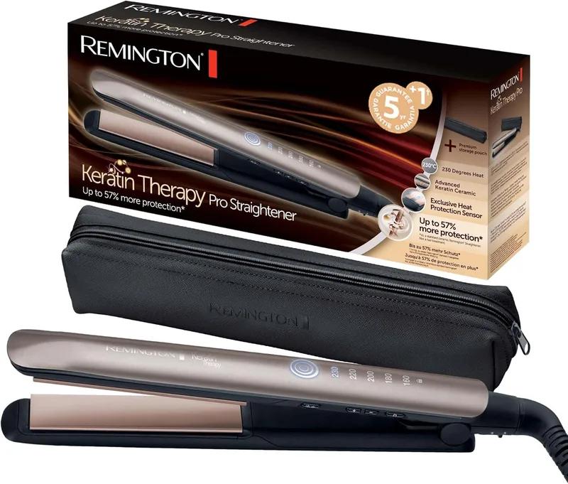 Remington ▫️ Alisador de cabelo com ecrã digital, 160-230 °C, sensor de proteção contra o calor para reduzir os danos capilares, revestimento cerâmico com queratina e óleo de amêndoa «Keratin Therapy», S8593