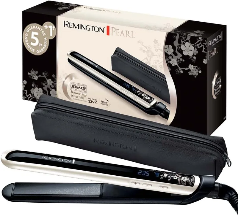 Remington ▫️ Alisador de cabelo Pearl, cerâmica avançada com perla, placas flutuantes extralargas, temperatura até 230 °C, função turbo, display digital, aquecimento em 10 segundos, cor branca e preta, S9501, 110 mm