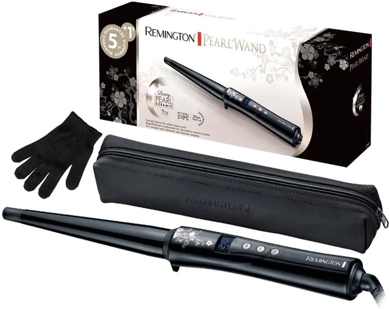Remington ▫️ Modelador de Cabelos Cónico para Ondas 13-25 mm Pearl com revestimento cerâmico e pérolas, ecrã LCD 130-210 °C, luva resistente ao calor, caracóis naturais, caracóis em espiral e ondas de praia, CI951