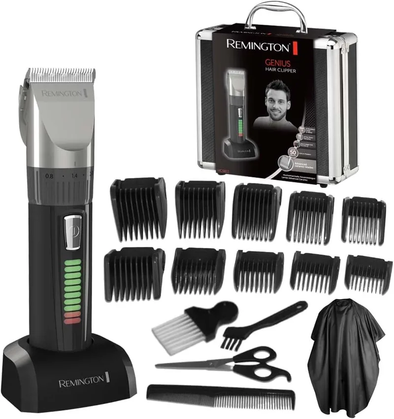 Remington ▫️ Máquina de cortar cabelo para homem com lâminas de cerâmica auto-afiáveis, 0,8-40 mm, corte profissional Genius, 10 pentes-guia, funcionamento com fio/bateria, recarregável, sem fios, lítio HC5811