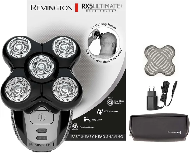 Remington ▫️ Máquina de barbear para homem com 5 cabeças: barbear em 2 min. Série Ultimate RX5, barbear até 0,2 mm, autonomia de 50 min, resistente à água, lâminas flexíveis, bolsa de viagem XR1501