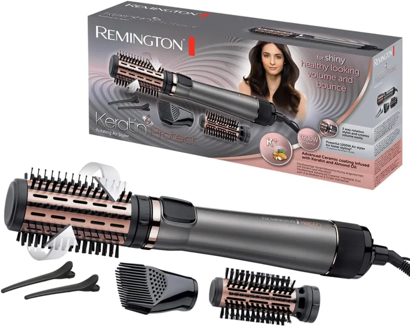 Remington ▫️ Escova de Ar Volumizadora Giratória Keratin Protect para Modelar o Cabelo, com Queratina e Óleo de Amêndoa, Escova Secadora, 3 Acessórios, Cerâmica, 1000 W, 2 Níveis de Temperatura/Velocidade AS8811 Cinza